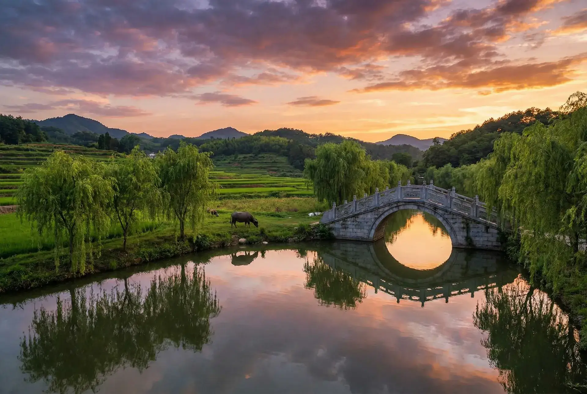 夕阳下的石拱桥与垂柳，水牛在河边吃草 - 八戒八戒在线高清免费 乡村美景